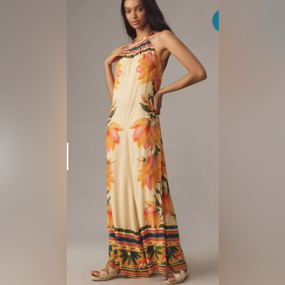 NEW!! Farm Rio Floral Halter Jumpsuit Wide Leg Summer Tropical Boho Sz XS‎